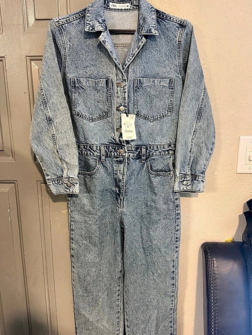 Zara Denim Utility Jumpsuit Blue Size Medium